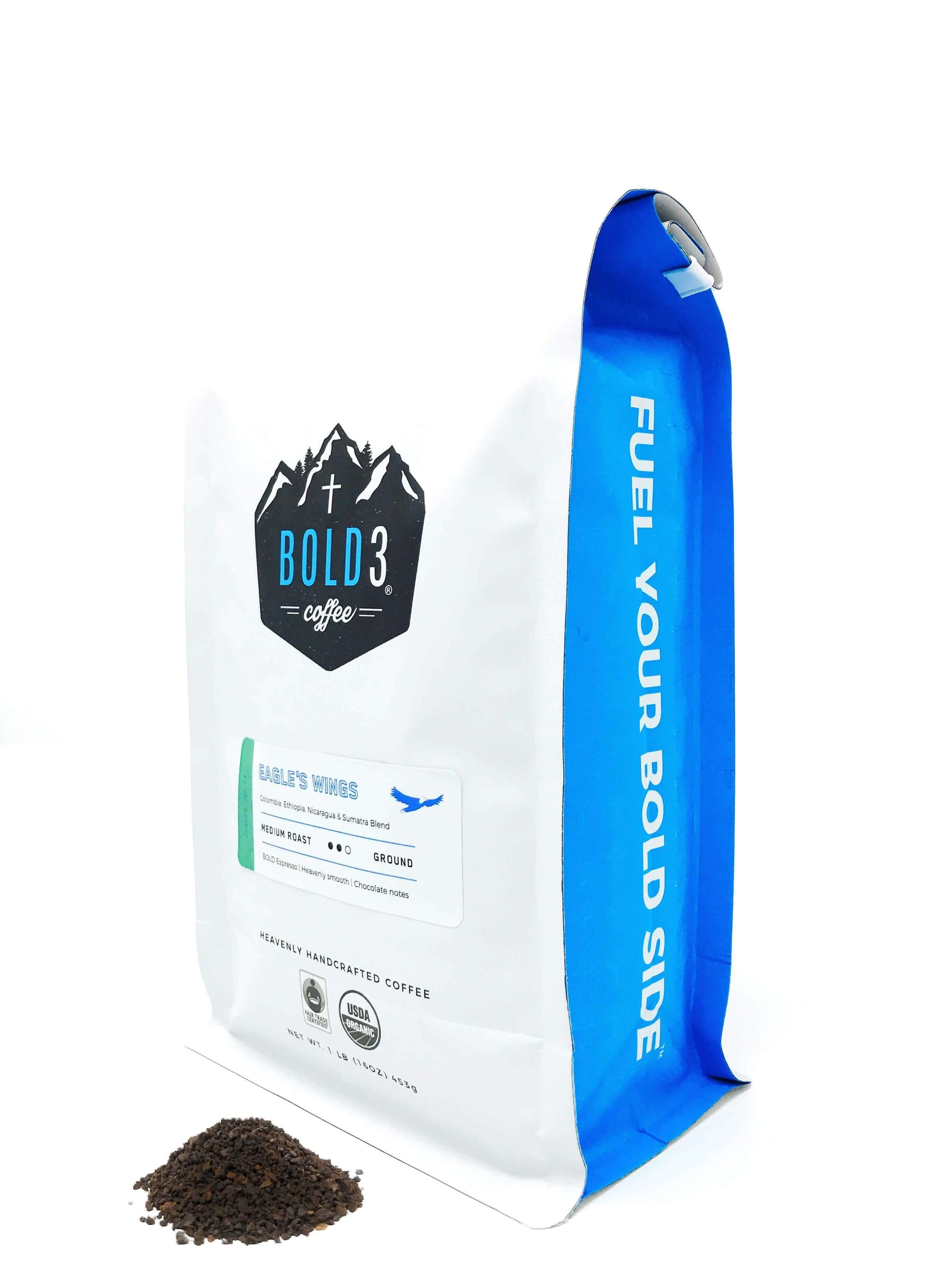 BOLD3 Coffee Organic Fair Trade Ground 16oz (1lb) Eagles Wings Medium Roast